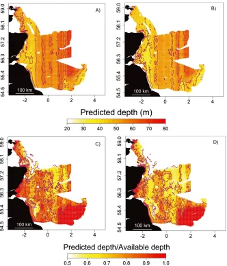 Figure 4. Map (latitudea 1 kmdarkness. Map C shows predicted relative maximum dive depth (maximum dive depth divided vs