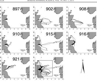 Figure 2. Maps of the dive locations during trips to sea of seven gray seals instrumented in2008