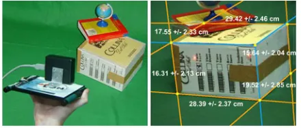 Figure 1. Scanner prototype: (left) Its operation. (right) Camera’s viewfrom another position showing the recovered dimensions anduncertainty computed in real time.