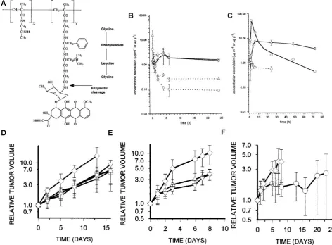 Fig. 2 (A) Chemical structure of PK1 (HPMAcp-Gly-Phe-Leu-Gly-DOX). DOX concentrations in MAC15A (◯) and MAC26 (□) plasma (dotted line) and tumor (solid line) after administration of 10 mg/kg DOX i.v (B) or 490 mg/kg PK1, i.v