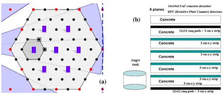 Figure 4. a) Possible layout of the Auger inﬁll subarray with indication of muon telescopes position; b) a possiblelayout of muon telescope suggested.