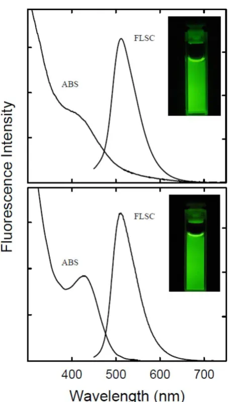 Figure 1. Absorption (ABS) and fluorescence (FLSC, 440 nm excitation) spectra of the carbon dots without (upper) and with the ZnS doping (lower) in aqueous solutions, with fluorescence quantum yields of 40% and 60%, respectively