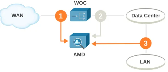 Figure 5. Monitoring configuration separating a segment of unoptimized LAN from optimized LAN AMD WOC LAN Data CenterWAN123