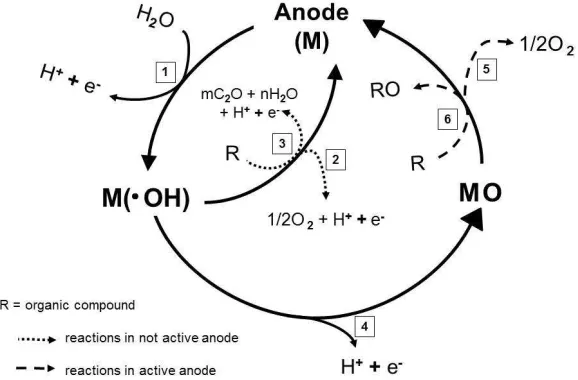 Figure 1. Electrochemical remediation mechanisms: 1) electrolysis of water and generation of radicals OH in the electrode (MO); 5) oxygen evolution by the chemical decomposition of superoxide MO; 6) Electrochemical conversion of R, means electrochemical oxidation radicals OH•; 2) evolution of oxygen by  •; 3) organic compound oxidation (R) by OH• radicals till mineralization; 4) superoxide formation MO  