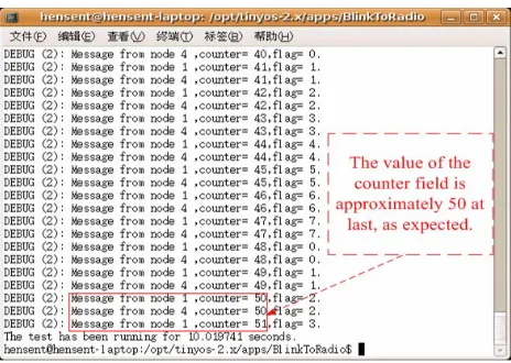 Figure 13. The debugging information for BlinkToRadio in TOSSIM. 