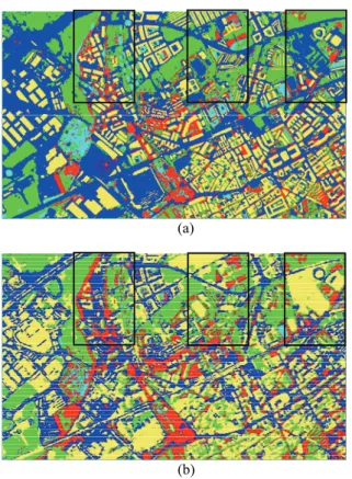 Figure 4.  Results of the SVM classifications with LIDAR (a)  and without LIDAR (b) 