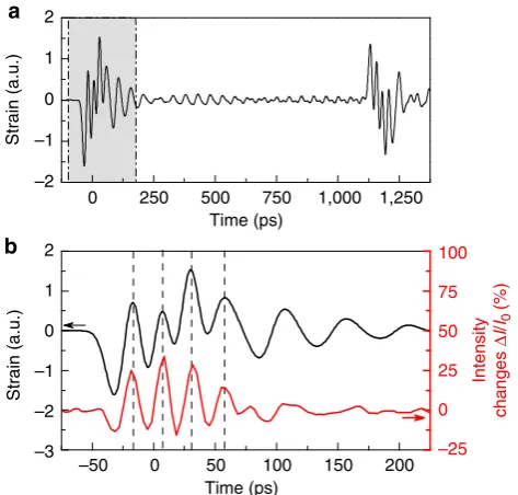 Figure 4 | Deformation potential mechanism for VCSEL1. (a) Calculatedtemporal evolution of the sum of the strain applied to all 12 QWs