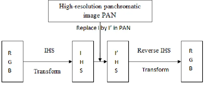 Fig. 1 Illustration of Image Fusion using IHS Transformation using intensity substitution 