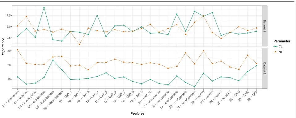 Fig. 7 Features importance extracted from RF models, to both datasets and CLAHE hyperparameters