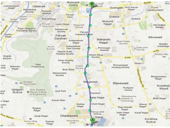 Fig. 2: Route Segments along with Katraj and Swargate Stops, Pune. 