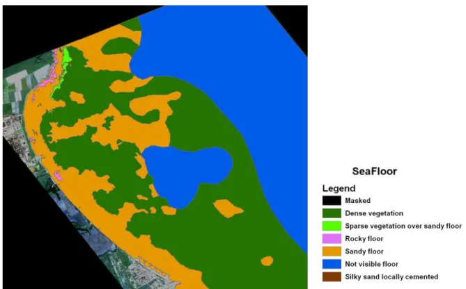 Figure 4: Sea floor classification for a coastal area in the south Adriatic Sea, obtained from a WorldView-2 scene (spatial  resolution 2m)- AQUAMAR 