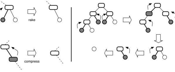 Fig. 3.2. Tree contractions rake (upper left) and compress (lower left), and an example of parallel tree contractions (right)