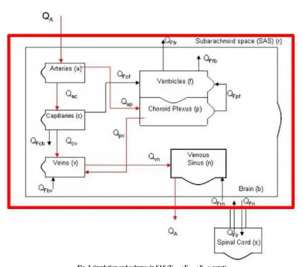 Fig. 4.Electrical model of CSF circulation and pressure- volume Compensation and Components of resistance to CSF outflow  