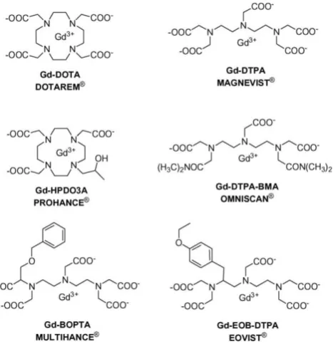 Figure 4. Schematic illustration of chemical structures of T1 contrast agents used in the clinical practice