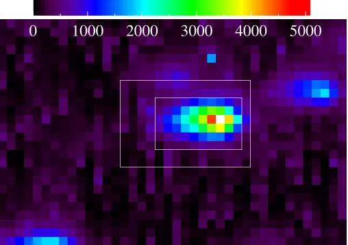 Fig. 1. Field of the CoRoT CCD around CoRoT-7. The bigger rectangleshows the imagette position while the smaller rectangle is the optimumaperture used to obtain the ﬁnal light curve