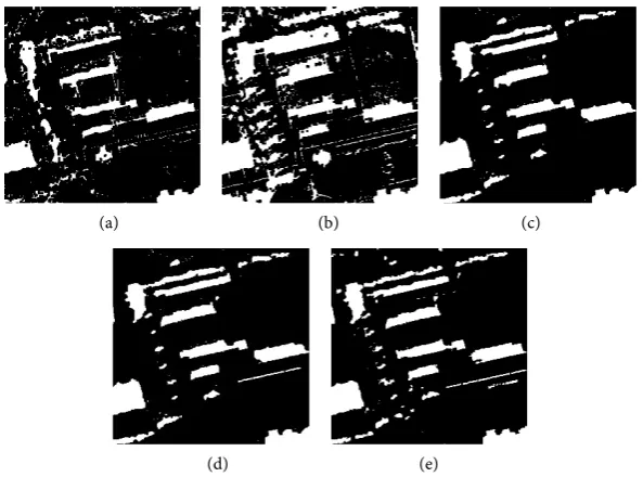 Figure 6. Detection results of Image 2. (a) Bi-threshold; (b) PCA; (c) Soft shadow; (d) The proposed method; (e) The ground truth