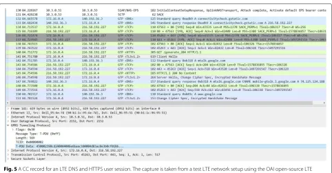 Fig. 5 A CC record for an LTE DNS and HTTPS user session. The capture is taken from a test LTE network setup using the OAI open-source LTEimplementation [25]