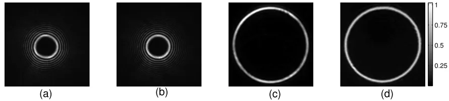 Figure 2. High order bessel beams (ℓ = 20) on the focal plane of SLM before (a) and after (b) wavefront correction.Vortexbeams (ℓ = 20) on the trapping plane before (c) and after (d) amplitude correction.