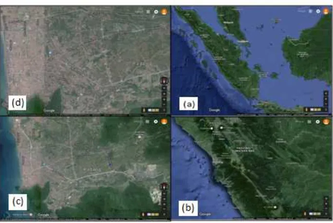 Fig. 2. Sumatera Island map from Google Earth (a), West Sumatera province from Google Earth (b), Padang City Watersheds from Google Earth (c) and (d) 