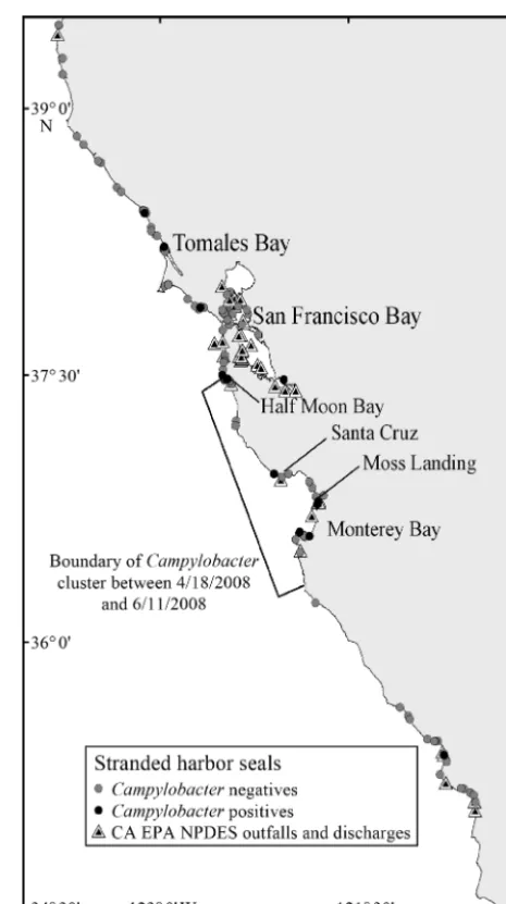 Fig. 1. Stranding locations (circles) of harbor seals sampledfor fecal pathogens in 2007 and 2008 in California, USA