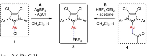 Figure 2. Solid-state structure of 3·((CH3)2CO). One fragment of [Au(IPrCl)(FBF3)] (3-in) from the unit cell is shown