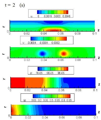 Fig. 10.Velocity component, pressure, and particle concentration at t = 2 (s) 