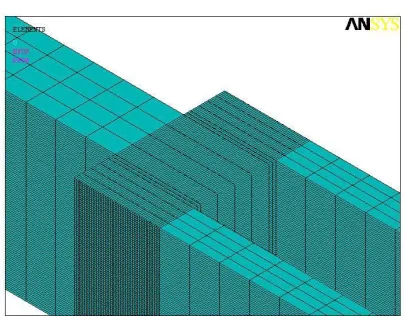 Fig. 3 Finite element mesh on the overlap region of the double lap joint 