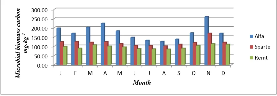 Figure 3: Monthly variation of microbial biomass carbon (season 2013/2014) 