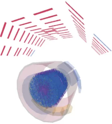Figure 4. Example of a high-multiplicity cosmic ray event inALICE which ﬁred most scintillator trigger modules (ACORDE)and yields a density of ∼ 18 muons/m2 within the TPC volume[1, Grosse-Oetringhaus].