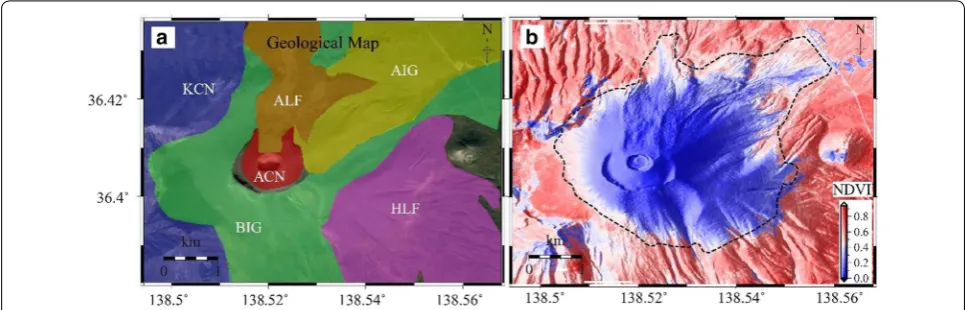 Fig. 2 The geological map (indicate different types of geological deposits, namely, 11,000 years ago, a) and the Normalized Difference Vegetation Index (NDVI) map (b) around Asama volcano