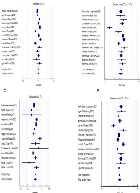 Fig 2:Forest plots for association between SLC30A8 C/T gene polymorphism and T2DM:A) allele model (Avs T); B) dominat model ( CC vs CT+ TT); C) additive model (CC + TT) and D) recessive model (CC + CT vs TT)