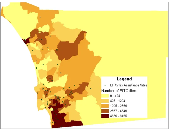 Figure Six: EITC Claimants in San Diego County by Zip Code, Tax Year 2006    Source: Internal Revenue Service, United Way of San Diego  The map reveals that county EITC coordinators have done a good job of aligning EITC assistance centers  with the neighbo
