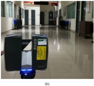Figure 9.  Multi-distances experiment, (a) Indoor calibration site; and (b) Faro Focus 3D (phase based) scanner 
