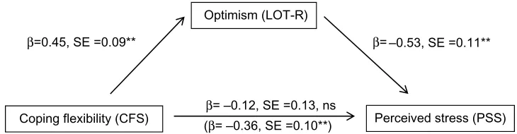Figure 1 Effect of coping flexibility on perceived stress, mediated by optimism (sex and age entered as controls but not shown in the diagram).Note: **P,0.01.Abbreviations: β, standardized β coefficient; CFS, Coping Flexibility Scale; LOT-R, Life Orientation Test-Revised; ns, non-significant; PSS, Perceived Stress Scale;  se, standard error.