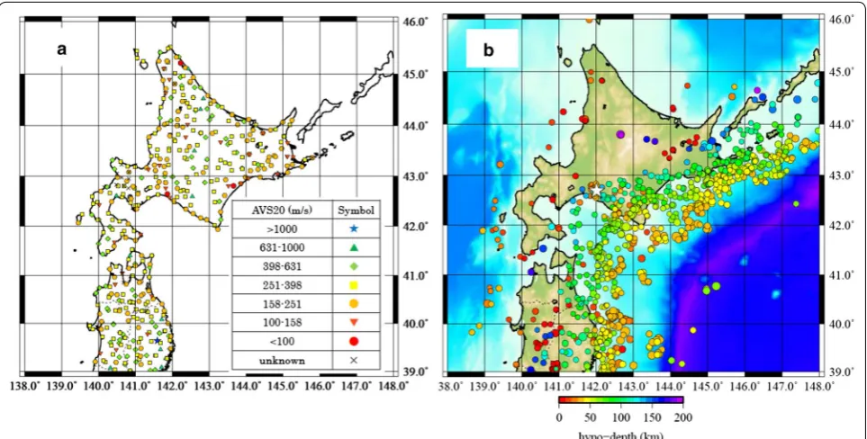 Fig. 1 Distributions of a stations and b earthquakes used in this study. Colored symbols indicate average S-wave velocity from the ground surface to a depth of 20 m (AVS20)