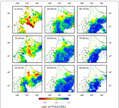 Fig. 2 S-wave attenuation (Qs) structures at depths of 0–90 km in and around Hokkaido, Japan
