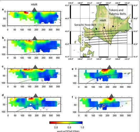 Fig. 4 Vertical cross-sections of Qs structures at 10 Hz. The black curves represent the upper boundary of the Pacific slab (Nakajima et al