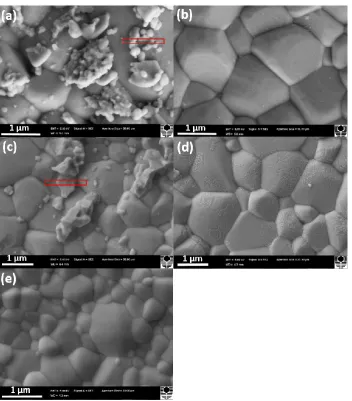 Figure 3. SEM micrographs of GDC electrolyte surface after polarization at 900oC and 500 mAcm-2 for (a,b) 1 h and (c,d) 12 h