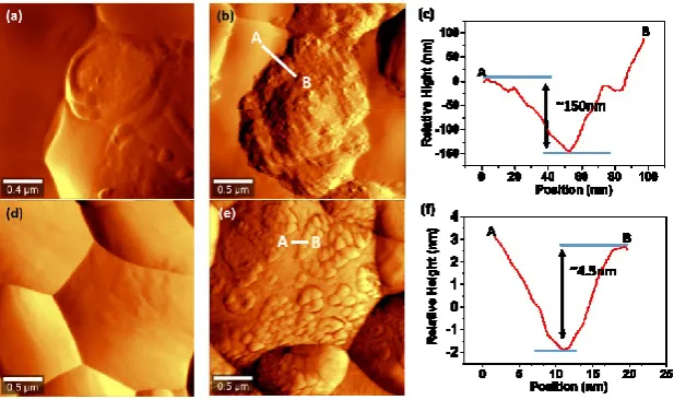 Figure 4. AFM micrographs and line scan of (a,b,c) YSZ and (d,e,f) GDC electrolyte surfaces in contact with LSM electrode after polarization at 900oC and 500 mAcm-2 for (a,d) 1 h and (b,e) 12 h