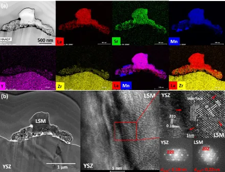 Figure 7. (a) STEM-EDS element mapping and (b) HRTEM micrographs of directly assembled LSM cathode on YSZ electrolyte after polarization at 900 oC and 500 mAcm-2 for 12 h
