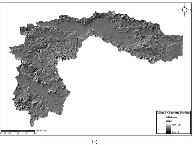 Figure 2. Topographic properties of Porsuk basin. (a) Slope Map; (b) Aspect Map; (c) Shaded Relief Map