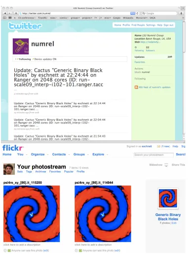 Fig. 7.2. New Cactus thorns allow simulations to announce live information and images to (top) Twitter, (bottom) Flickrenabling a new mode of scientiﬁc collaboration using Web 2.0 technologies.