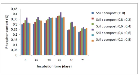 Figure 6. The content of phosphorus in the soil and compost mixture with a variety of time and composition  Description: 1 mL of destructed samples pH 2 was added 9 mL complexing reagents  (ammonium heptamolybdate and potassium 