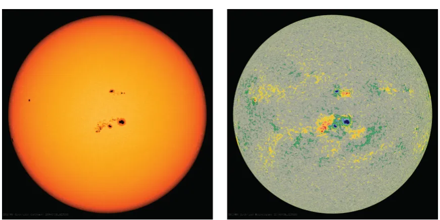 Figure 1.1: Continuum Image (left) and Magnetogram (right) of the Solar Disc taken withNasa’s Solar Dynamics Observatory