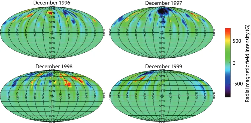 Figure 1.5: Reconstructed Zeeman Doppler Images of AB Doradus from December 1996,1997, 1998, and 1999