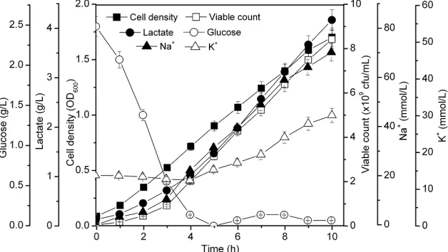 Figure 2 Effect of pH control by mixture of NaOH and KOH on S. suis fermentation. (a) Filled symbols represent cell density and open  symbols represent viable count of strain