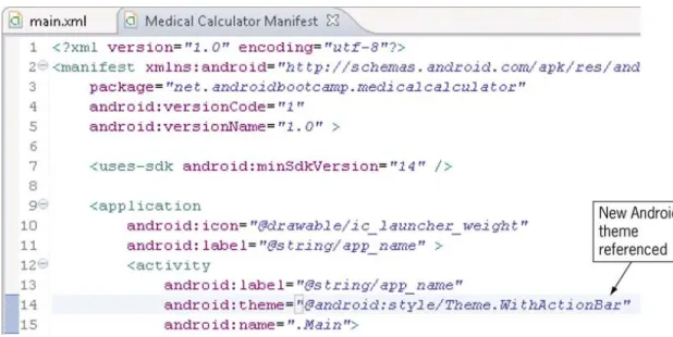 Figure 4-8 Android manifest code with new theme 