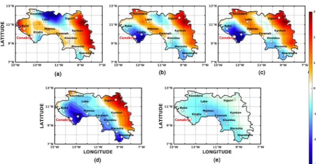 Figure 9. Moisture flow divergence calculated in the lower level (1000 hPa - 850 hPa) over Guinea from 1981-2010 during the JJASO season, expressed in kg∙mdots represents the twelve synoptic stations of Guinea