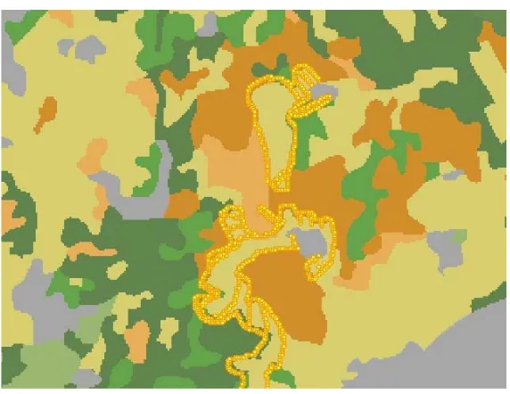 Fig. 3.2.(grass, shrubs, trees, etc.) The small circles show the progress of the ﬁre. The spread of the ﬁre corresponds with the areas of Visualization of a forest ﬁre simulation