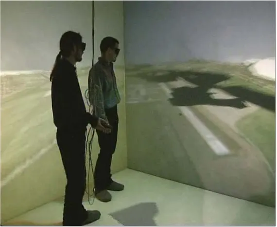 Fig. 5.1. Visualization of a simulated ﬂood on the V´ah river in the CAVE virtual reality device